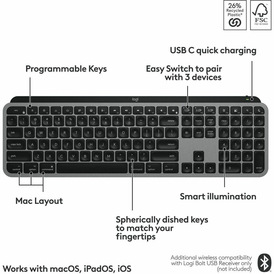 Logitech 920-011621 MX Keys S for Mac, Wireless Keyboard - Space Gray