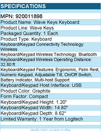 Logitech 920011898 Wave Keys Wireless Ergonomic Keyboard - Graphite