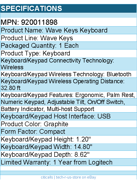 Logitech 920011898 Wave Keys Wireless Ergonomic Keyboard - Graphite