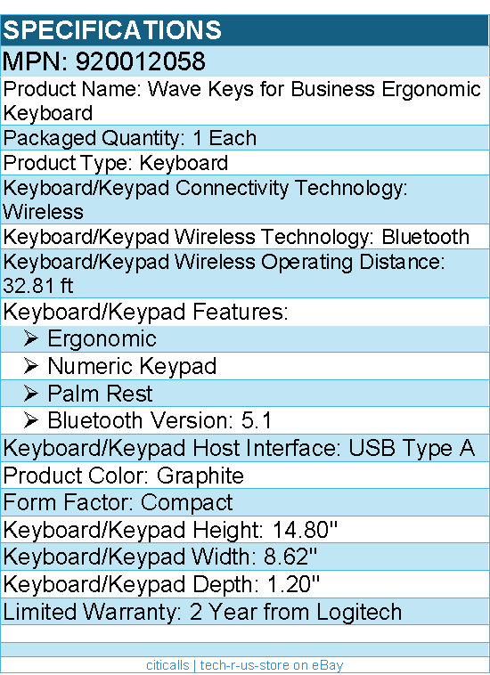 Logitech 920012058 Wave Keys for Business, Wireless Ergonomic Keyboard