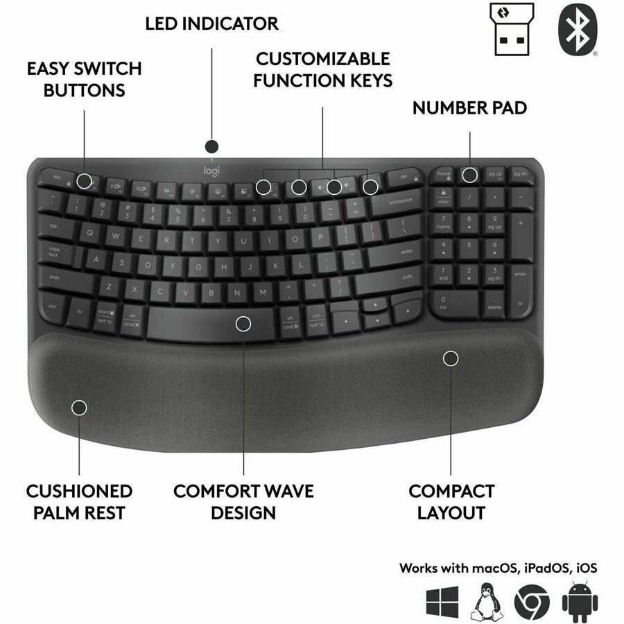 Logitech 920012058 Wave Keys for Business, Wireless Ergonomic Keyboard