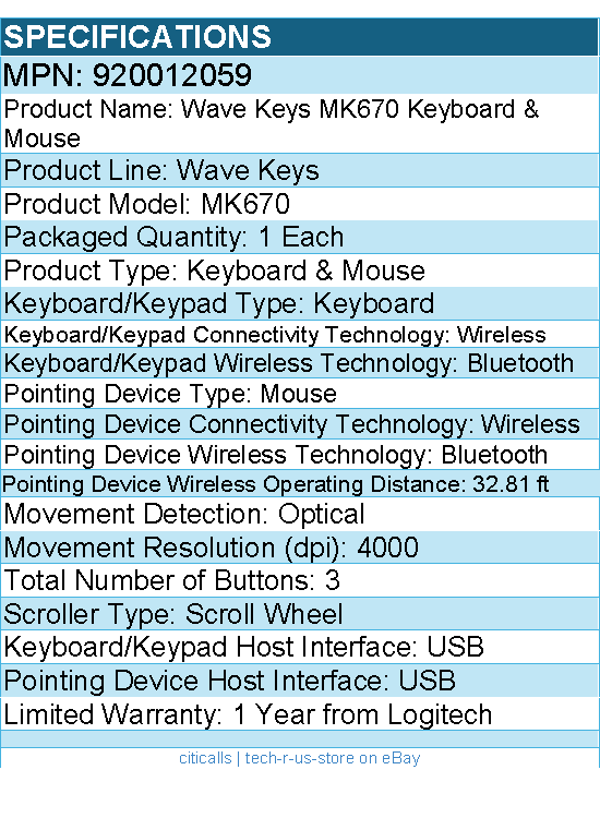 Logitech 920012059 Wave Keys MK670 Combo, Wireless Ergonomic Keyboard & Mouse