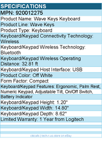 Logitech 920012275 Wave Keys Wireless Ergonomic Keyboard w Cushioned Palm Rest