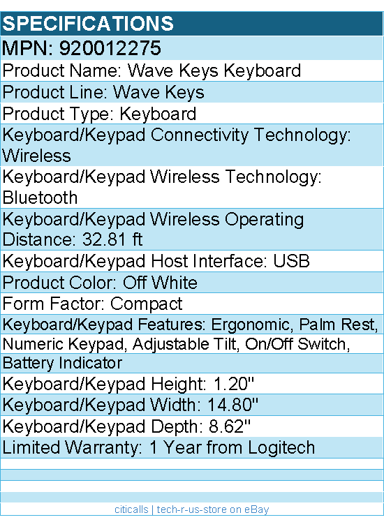 Logitech 920012275 Wave Keys Wireless Ergonomic Keyboard w Cushioned Palm Rest