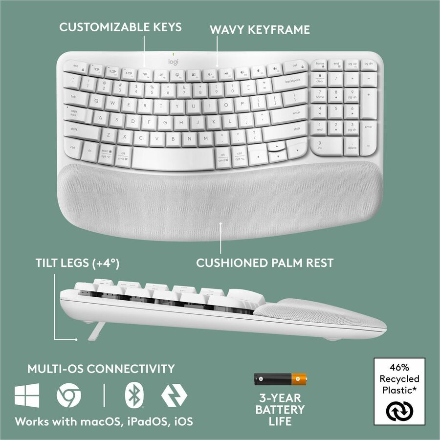 Logitech 920012275 Wave Keys Wireless Ergonomic Keyboard w Cushioned Palm Rest