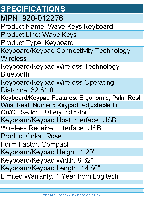 Logitech 920-012276 Wave Keys Wireless Ergonomic Keyboard w/ Cushioned Palm Rest