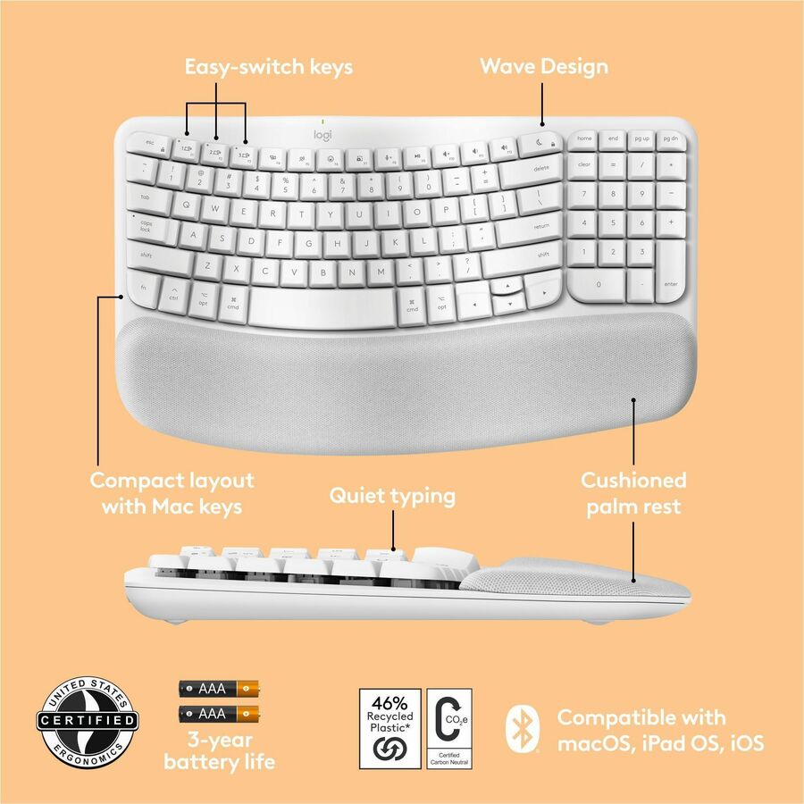 Logitech 920012402 Wave Keys for Mac, Wireless Ergonomic Keyboard - Off-white