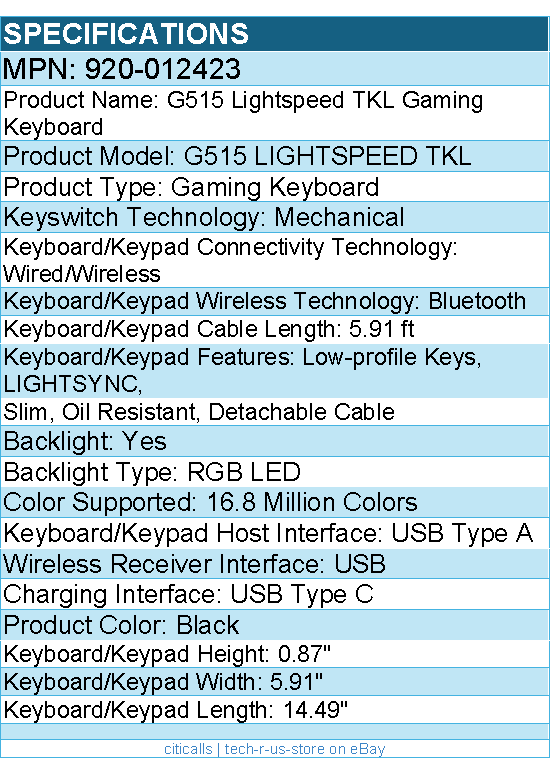 Logitech 920-012423 G515 LIGHTSPEED TKL Low Profile Wireless Gaming Keyboard
