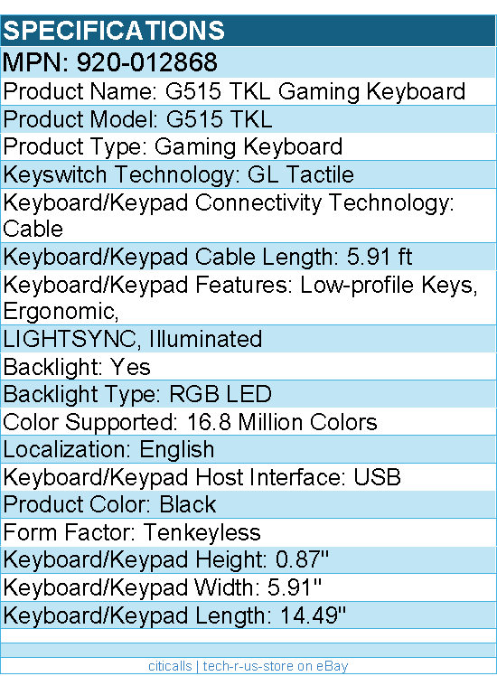 Logitech G 920-012868 G515 TKL Gaming Keyboard - Illuminated - Black