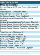 Logitech 920-013103 POP ICON COMBO, Bluetooth Keyboard and Mouse Combo