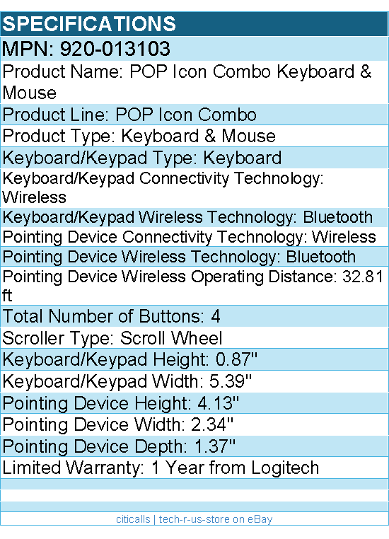 Logitech 920-013103 POP ICON COMBO, Bluetooth Keyboard and Mouse Combo