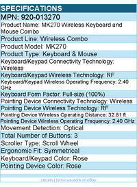 Logitech 920-013270 MK270 Wireless Keyboard and Mouse Combo - Rose
