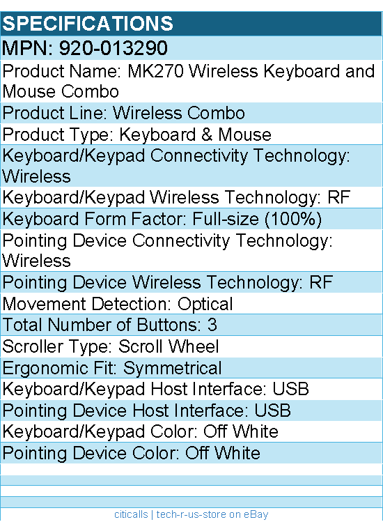 Logitech 920-013290 MK270 Wireless Keyboard and Mouse Combo - Off White