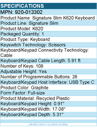 Logitech 920-013302 Signature Slim Wired K620 for Business, Full-Size Keyboard