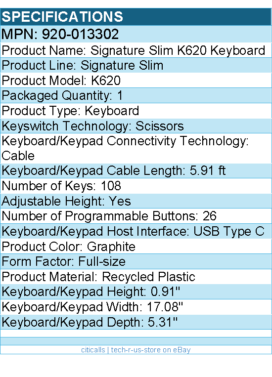 Logitech 920-013302 Signature Slim Wired K620 for Business, Full-Size Keyboard
