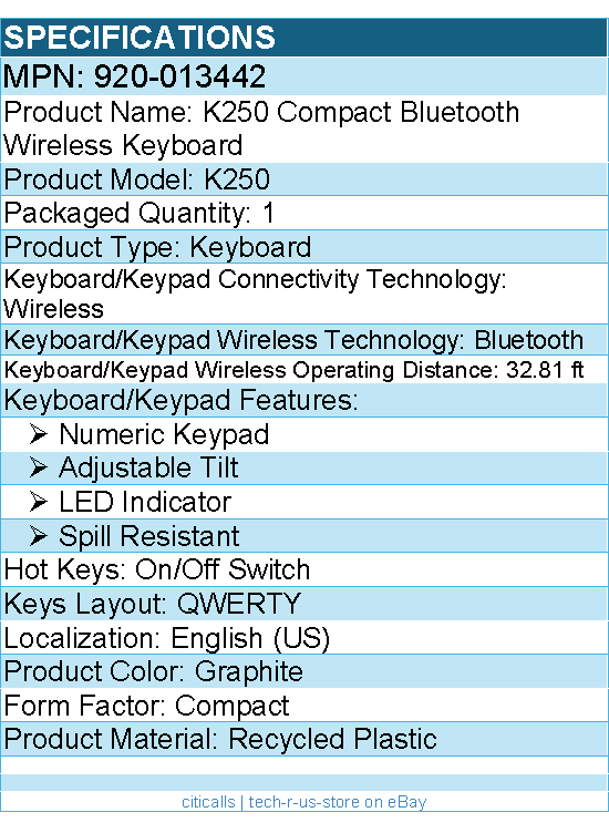 Logitech 920-013442 K250 Bluetooth Keyboard - Wireless - Graphite
