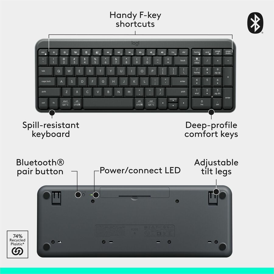 Logitech 920-013442 K250 Bluetooth Keyboard - Wireless - Graphite