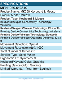 Logitech 920-013510 MK250 Bluetooth Wireless Mouse and Keyboard Combo