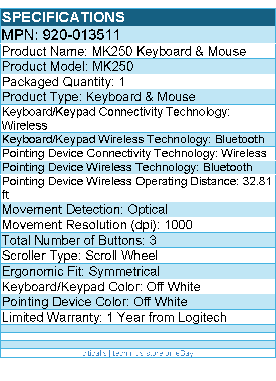 Logitech 920-013511 MK250 Bluetooth Wireless Mouse and Keyboard Combo