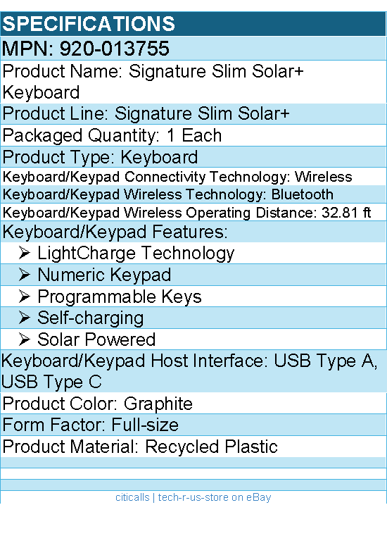 Logitech 920-013755 Signature Slim Solar Wireless Keyboard - Bluetooth