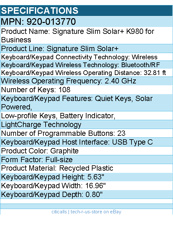 Logitech 920-013770 Signature Slim Solar+ K980 for Business, Wireless Keyboard