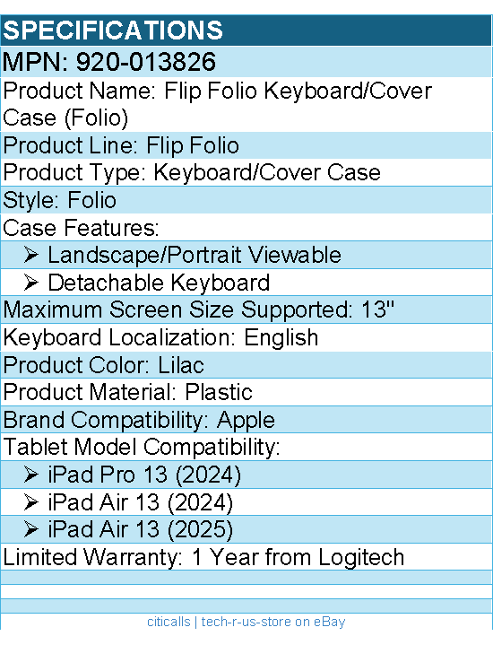 Logitech 920-013826 Flip Folio Keyboard/Cover Case for 13" Apple iPad Pro 13
