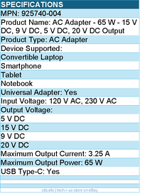 HPI 925740-004 AC Adapter - 65 W - 15 V DC, 9 V DC, 5 V DC, 20 V DC Output