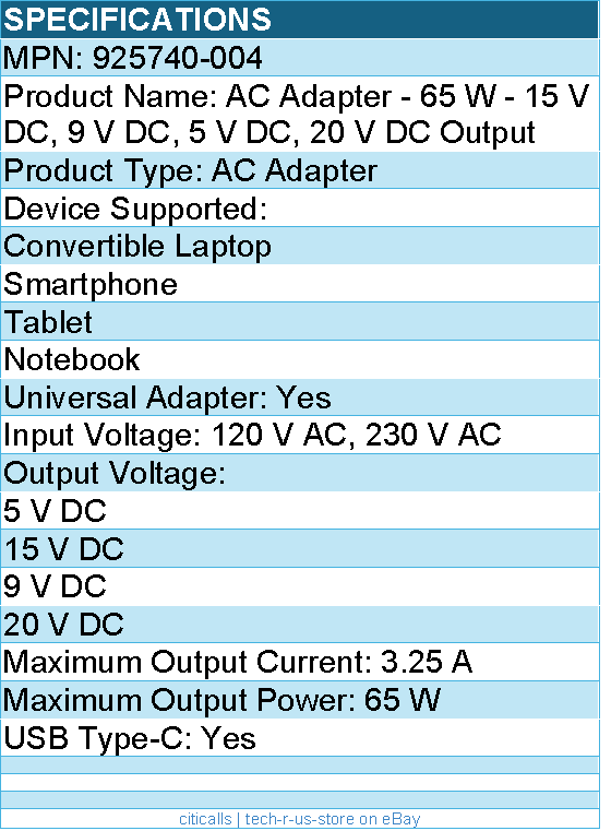 HPI 925740-004 AC Adapter - 65 W - 15 V DC, 9 V DC, 5 V DC, 20 V DC Output