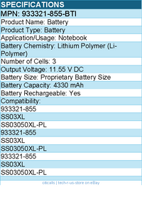 BTI 933321-855-BTI 11.55V 50WHR LI-ION NOTEBOOK BATTERY - 4330 mAh