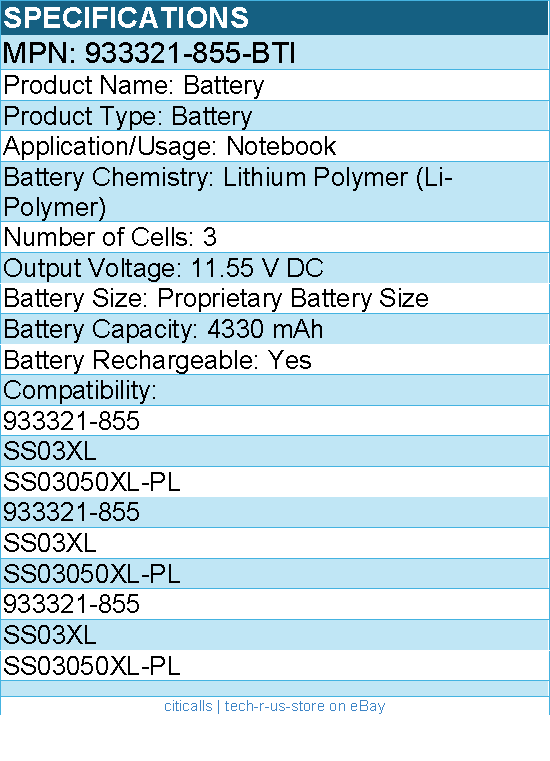 BTI 933321-855-BTI 11.55V 50WHR LI-ION NOTEBOOK BATTERY - 4330 mAh