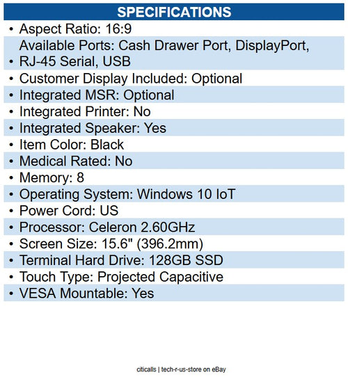 Custom America 935KY460300L33 Ascent 15.6" Touchscreen All-in-One POS Terminal