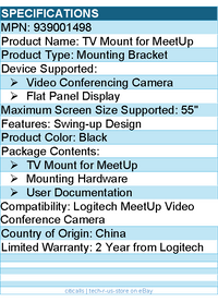 Logitech 939001498 MeetUp TV Mount - Up to 55" Display - Black
