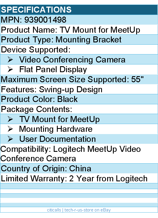 Logitech 939001498 MeetUp TV Mount - Up to 55" Display - Black