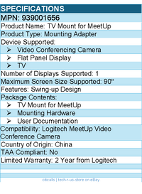 Logitech 939001656 MeetUp TV Mount XL - Up to 90" - Mounting Adapter