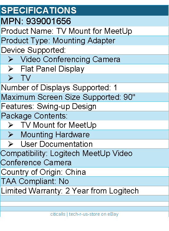 Logitech 939001656 MeetUp TV Mount XL - Up to 90" - Mounting Adapter