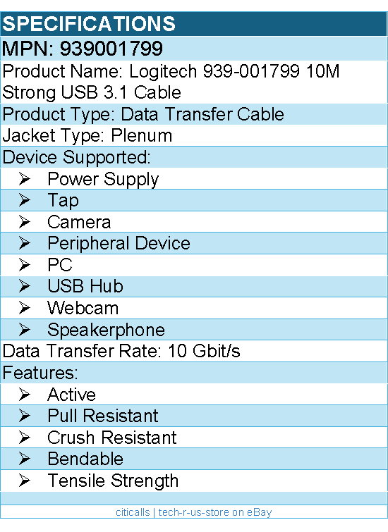Logitech 939001799 10M Strong USB 3.1 Cable - Bendable, Active