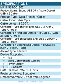Logitech 939-001802 25M Strong USB 3.1 Cable - Bendable, Active
