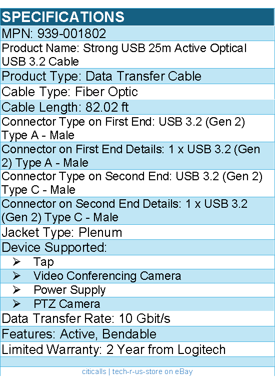 Logitech 939-001802 25M Strong USB 3.1 Cable - Bendable, Active