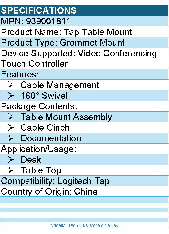 Logitech 939001811 TAP Table Mount - for Video Conferencing Touch Controller