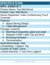 Logitech 939001817 Tap IP Wall Mount - for Video Conferencing Touch Controller