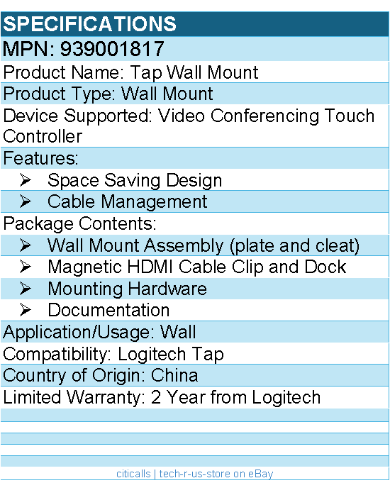Logitech 939001817 Tap IP Wall Mount - for Video Conferencing Touch Controller