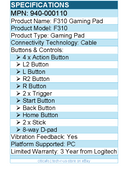Logitech 940-000110 F310 Gaming Pad - Cable - USB - PC