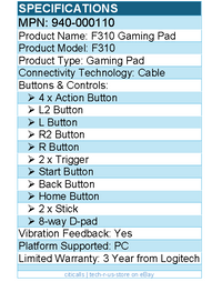 Logitech 940-000110 F310 Gaming Pad - Cable - USB - PC