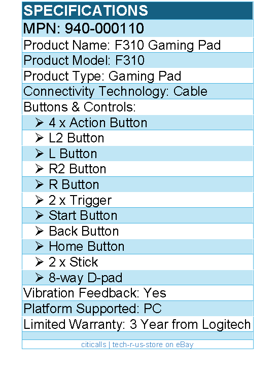 Logitech 940-000110 F310 Gaming Pad - Cable - USB - PC