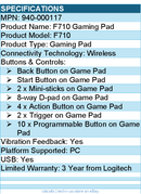 Logitech 940-000117 G F710 Gaming Pad - Wireless - USB - PC