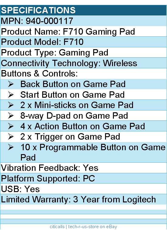 Logitech 940-000117 G F710 Gaming Pad - Wireless - USB - PC