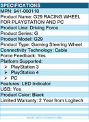 Logitech 941-000110 G29 Gaming Steering Wheel FOR PLAYSTATION AND PC