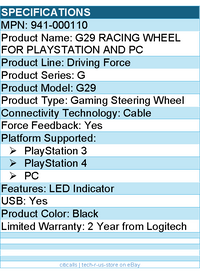 Logitech 941-000110 G29 Gaming Steering Wheel FOR PLAYSTATION AND PC