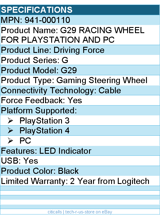 Logitech 941-000110 G29 Gaming Steering Wheel FOR PLAYSTATION AND PC