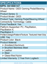 Logitech 941000147 G923 Gaming Pedal/Steering Wheel - Cable - USB - Black